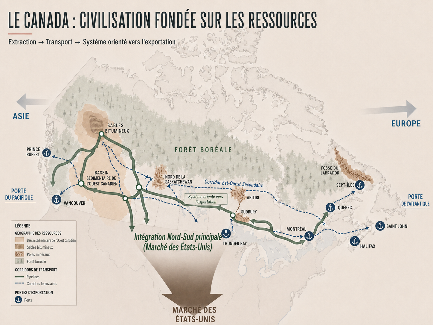 Le système de ressources du Canada : extraction, transport et exportation organisés autour de la demande externe.