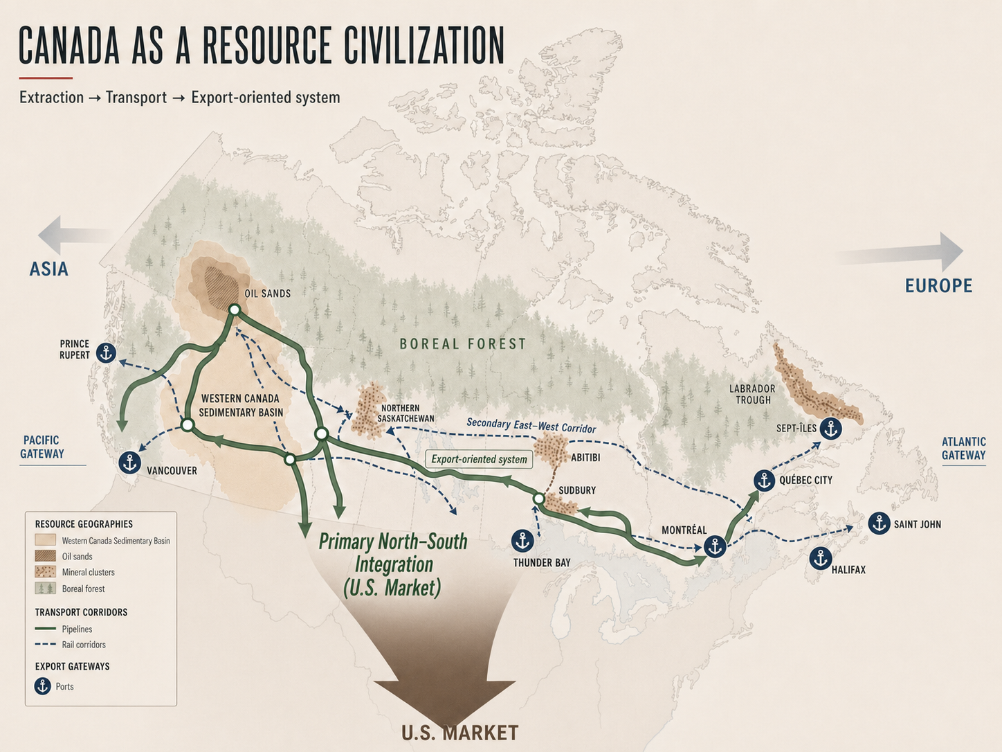 Canada's resource system: extraction, transport, and export organized around external demand.